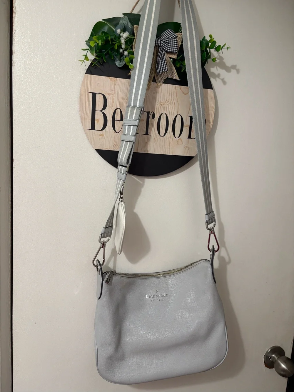 kate spade Pale Gray Pebbled Leather Shoulder Bag with Striped Strap